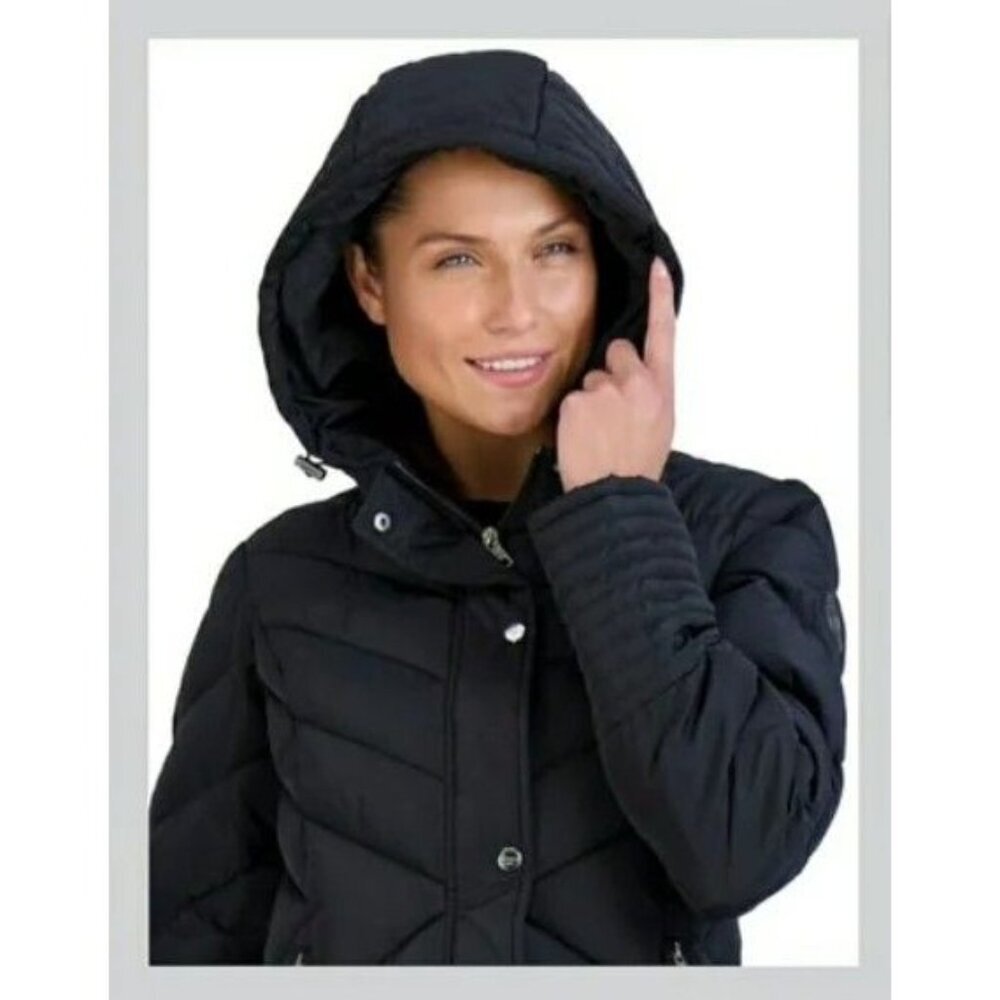 NWT Steve Madden Women's Black Chevron Puffer Long Winter Coat Size XS - Picture 2 of 9